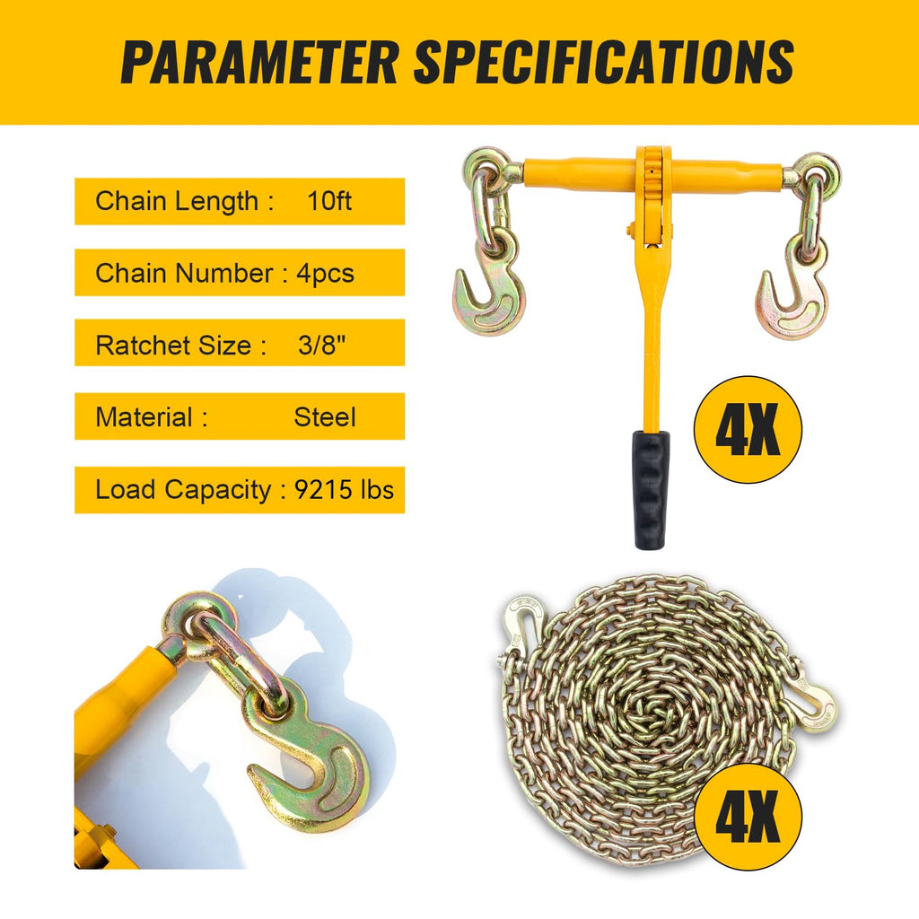 Chain and Binder Kit 3/8in-1/2in, Ratchet Load Binders 9215 lbs Working Strength, Ratchet Load Binders and Chains Set of 4, 3/8in x 10ft G80 Chains Truck, Tie Down, Hauling, Towing