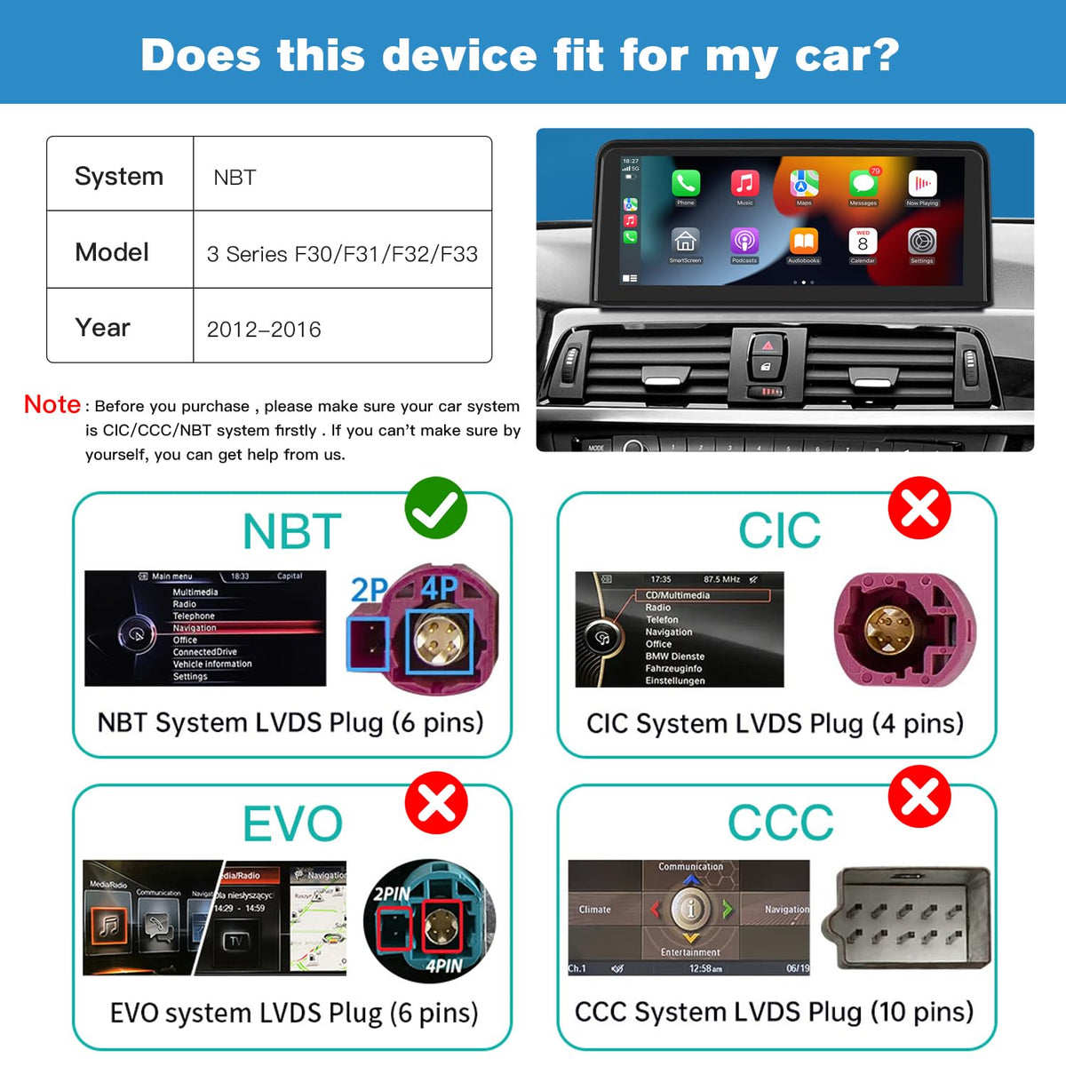 Wireless CarPlay/Android Auto 10.25'' Touchscreen Multimedia Radio Receiver for BMW 3 4 Ser F30/F31/F32/F33/F34/F36 2012-2016 Year with NBT-System HD 1920*720 Resolution Keep Car OEM Features