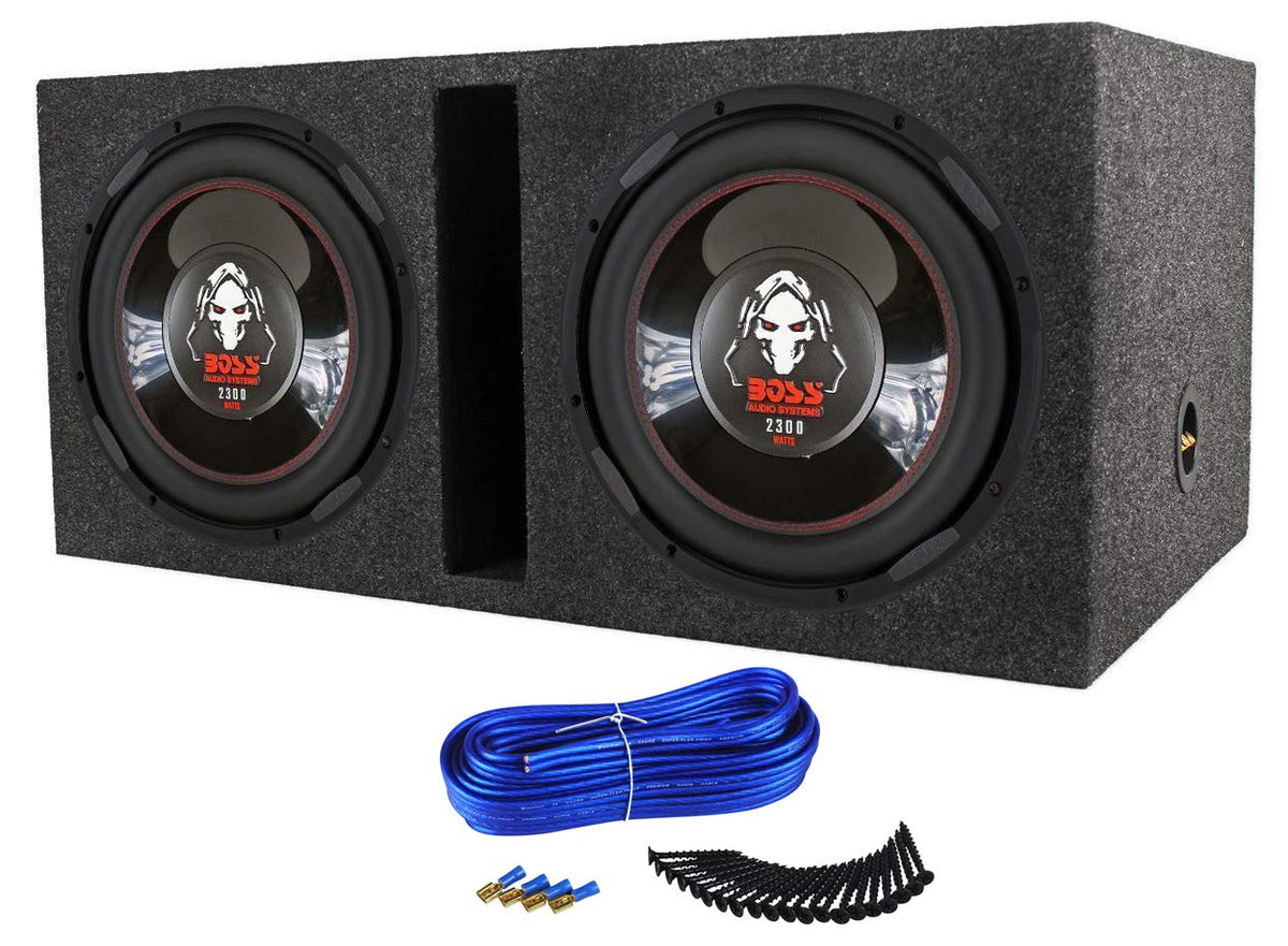 BOSS Audio P126DVC 12 Inch 2300 Watt Car Subwoofers with Dual Voice Coil and QBASS12 Q Power 12 Inch Dual Heavy Duty Vented Subwoofer Box Enclosure