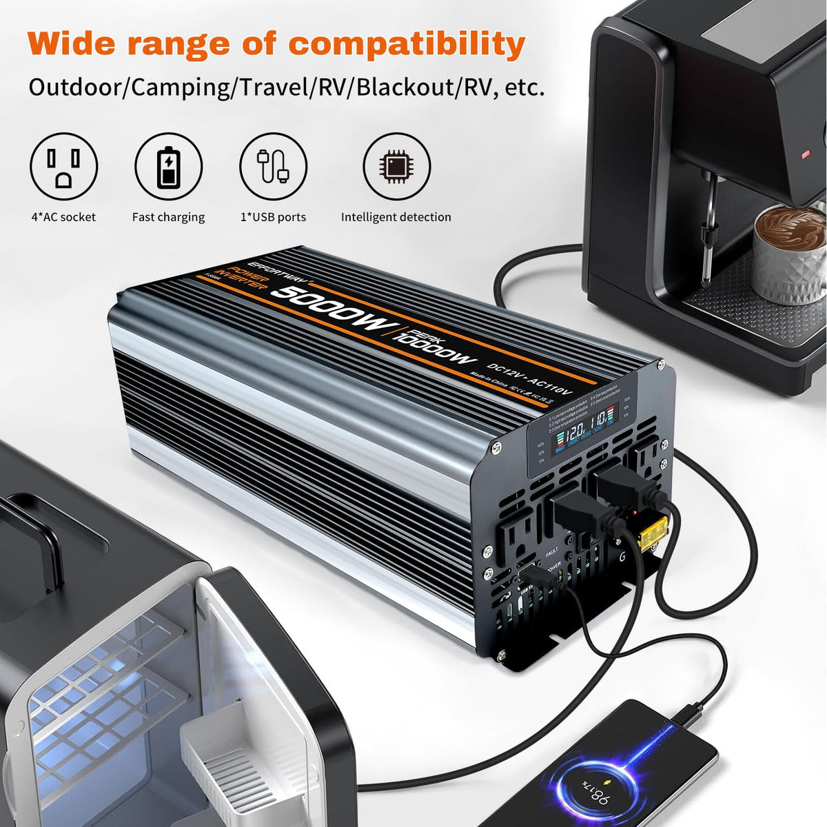 5000 watt Power Inverter DC 12V to AC 110V/120V Converter,10000w Peak.Comes with LCD Display,Wireless Controller, 4AC outlets,1USB.RV Inverter,Suitable for Camping,and Off-Grid Solar Inverter Systems