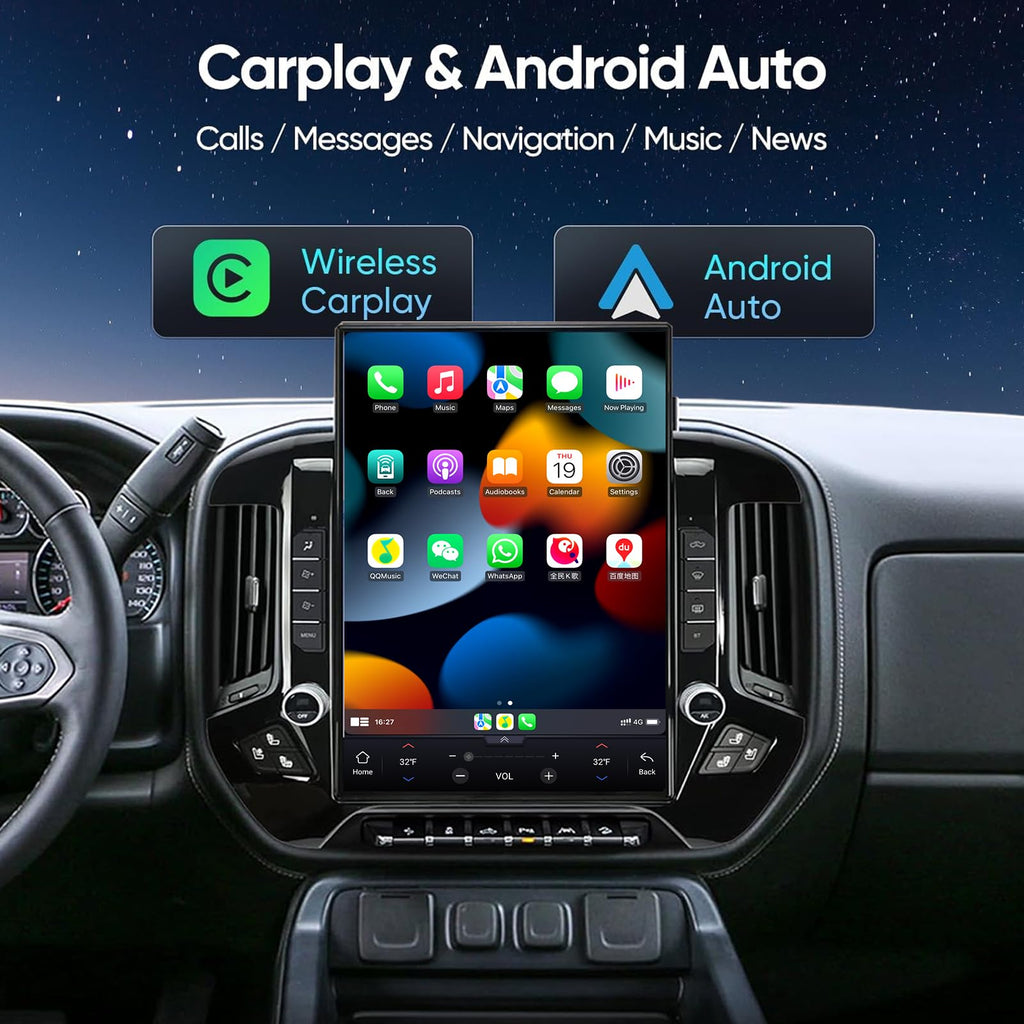 Android 14 Car Stereo Radio for GMC Sierra Chevrolet Silverado 2014-2019 Wirless Carplay/Android Auto 15.6 Inch Head Unit 2K Tesla Style IPS Touch Screen with Bluetooth GPS Navigation WiFi（Black）