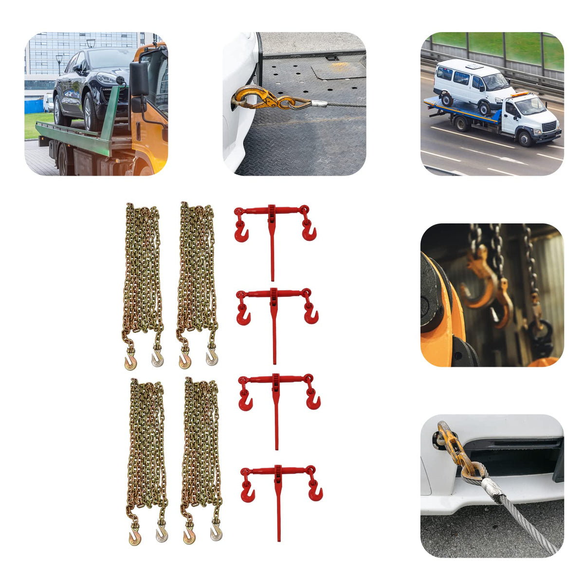 4 Pack Lever Load Binder 5/16-3/8in, 5400Lbs Working Load Limit G70 Transport Chain Load Binders for Industrial Transportation (with 5/16 x 20FT Chains)