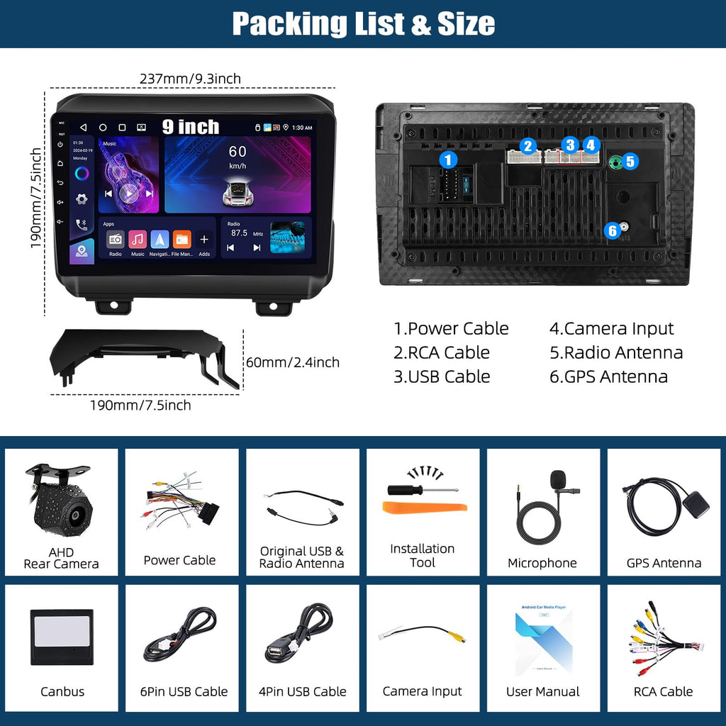 SIXTOP 4G+64G Android Car Stereo Radio for Jeep Wrangler JL Gladiator JT 2018-2021 Wireless Carplay Android Auto 9 Inch Touchscreen GPS Bluetooth 5.0 Head Unit WiFi 6 FM/RDS EQ SWC AHD Backup Camera