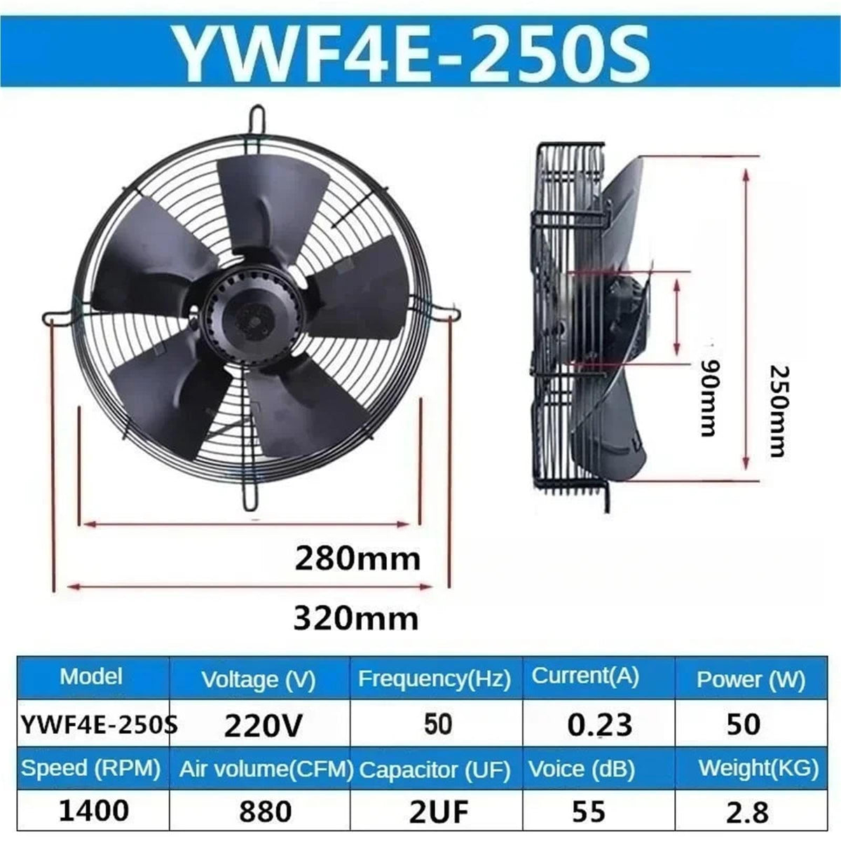 Axial Fan YWF4E-250S 220V 50W Condenser Cooling Blower