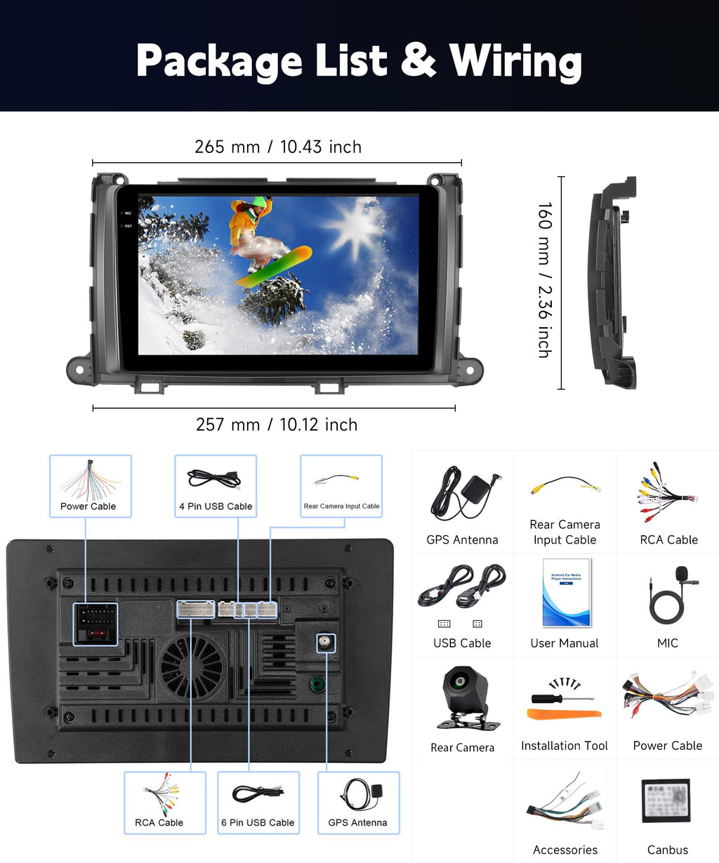 [4G+128G] Car Stereo for Toyota Sienna 2010-2014 with 5GWiFi/Android 15/Wireless Carplay Android Auto,9" Incell Touch Screen Radio,GPS/EQ DSP/Bluetooth5.0/SWC/AHD Backup Camera