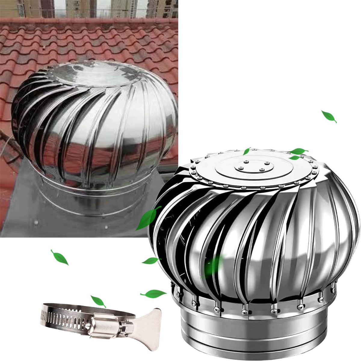 14in Wind Turbine Roof Vent Cap - 350mm Stainless Steel Rotating Ventilation Fan with Clamps for Industrial & Scientific Applications, Energy Efficient Roof Ventilator