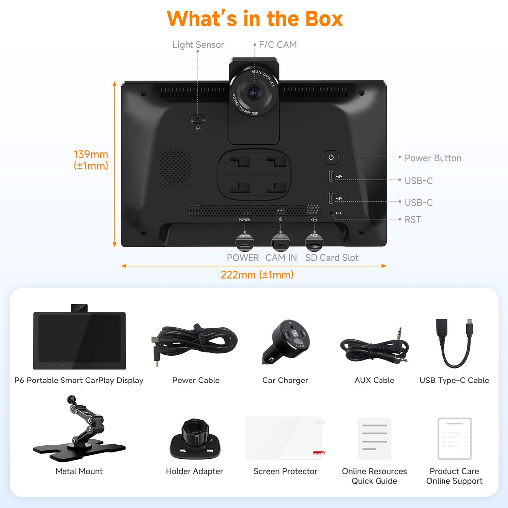 P6 9.1" Wireless CarPlay Screen with Dash Cam & Rear Camera
