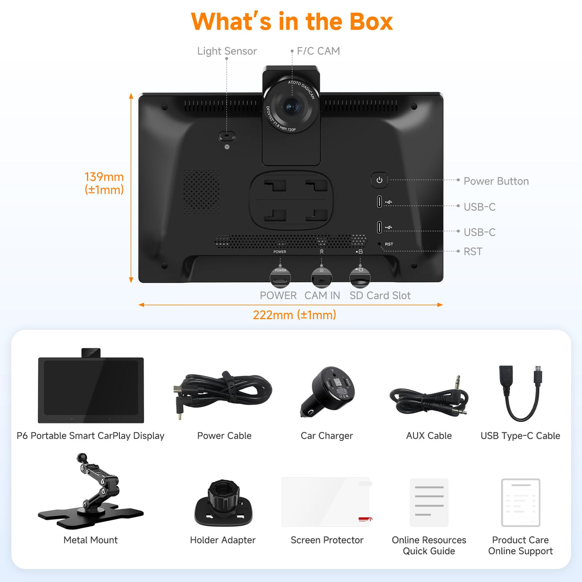 P6 9.1" Wireless CarPlay Screen with Dash Cam & Rear Camera
