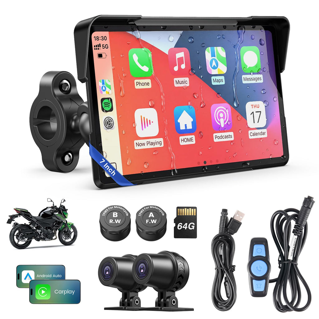 Motorcycle CarPlay Screen with Android Auto – 7” Waterproof GPS, Pantalla para Moto, Apple CarPlay, Navigation System for Motorcycle, Dual 4K Dash Cam Bluetooth Audio, BSD & TPMS