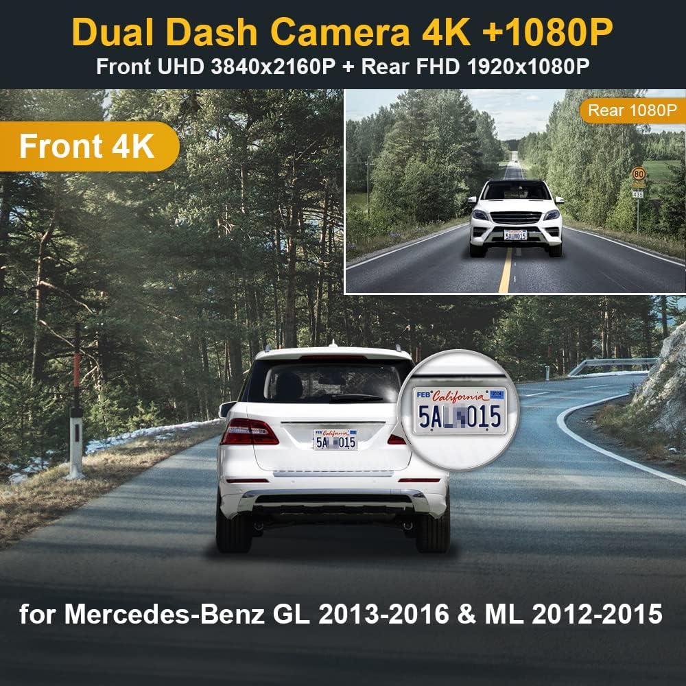 Fitcamx Front 4K+Rear 1080P Dash Cam Suitable for Benz GL 2013-2016 & ML 2012-2015 (HD2-6008), OEM Factory Look, 2 Way HD Video, Built-in WiFi & APP, Loop Recording, G-Sensor, Easy to Use, 128GB Card