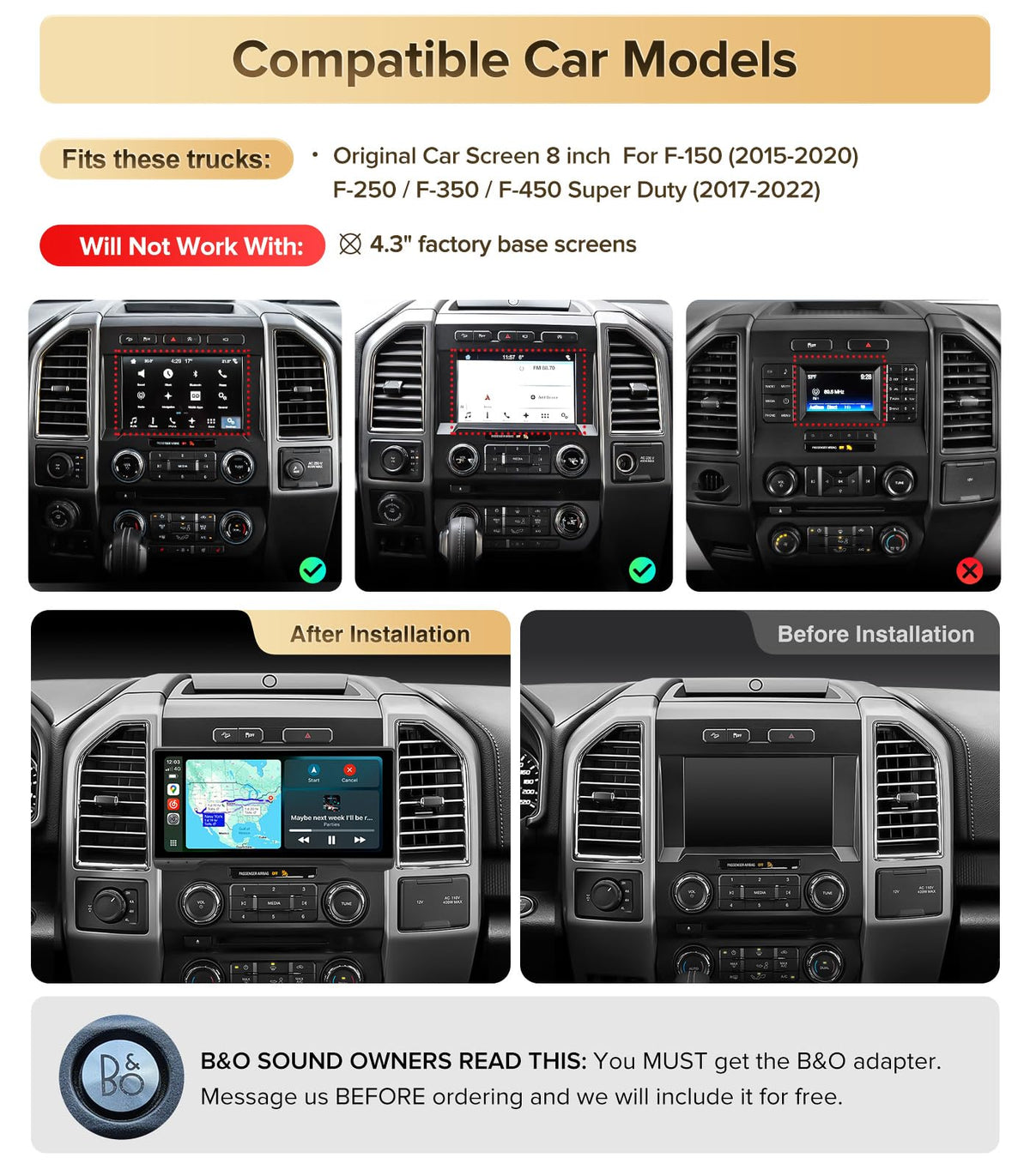 10.33" CarPlay Radio For Ford F150 15-20 F250 F350 17-22 Stereo Head Unit