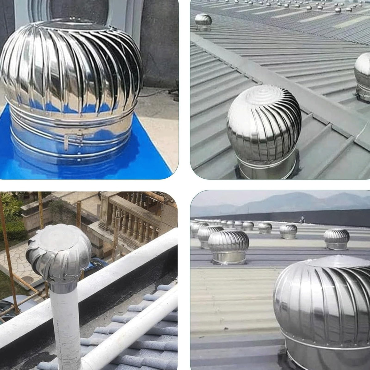 14in Wind Turbine Roof Vent Cap - 350mm Stainless Steel Rotating Ventilation Fan with Clamps for Industrial & Scientific Applications, Energy Efficient Roof Ventilator