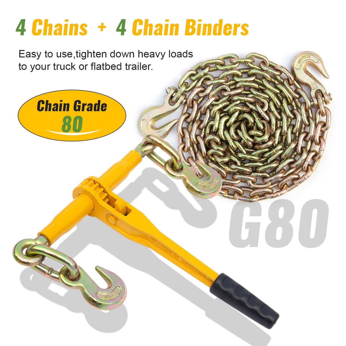 Chain and Binder Kit 3/8in-1/2in, Ratchet Load Binders 9215 lbs Working Strength, Ratchet Load Binders and Chains Set of 4, 3/8in x 10ft G80 Chains Truck, Tie Down, Hauling, Towing