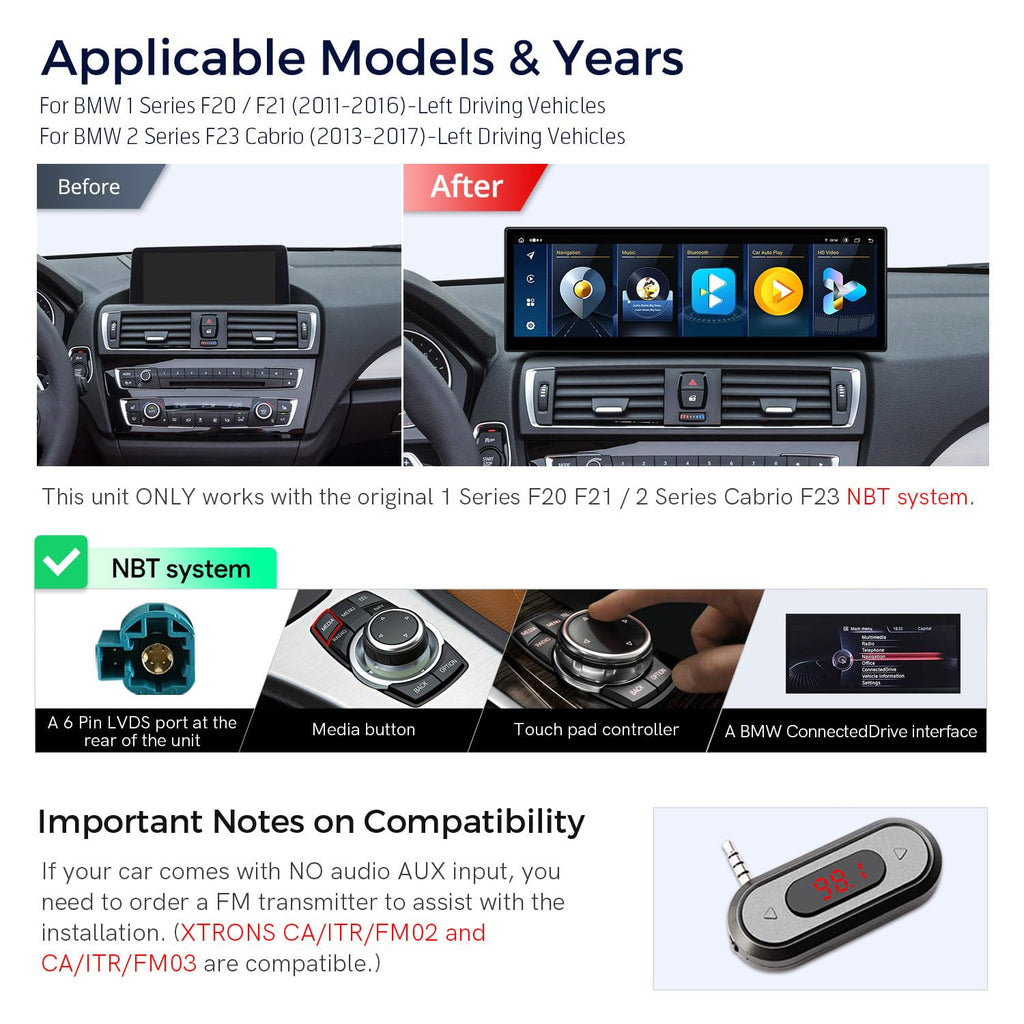 XTRONS 14.9 Inch Android 14 Car Stereo for BMW F20 F21 F22 F23 with NBT System, 2K IPS Touch Screen LTE GPS Navigation Support Wireless CarPlay Android Auto Global 4G LTE 8+256 GB