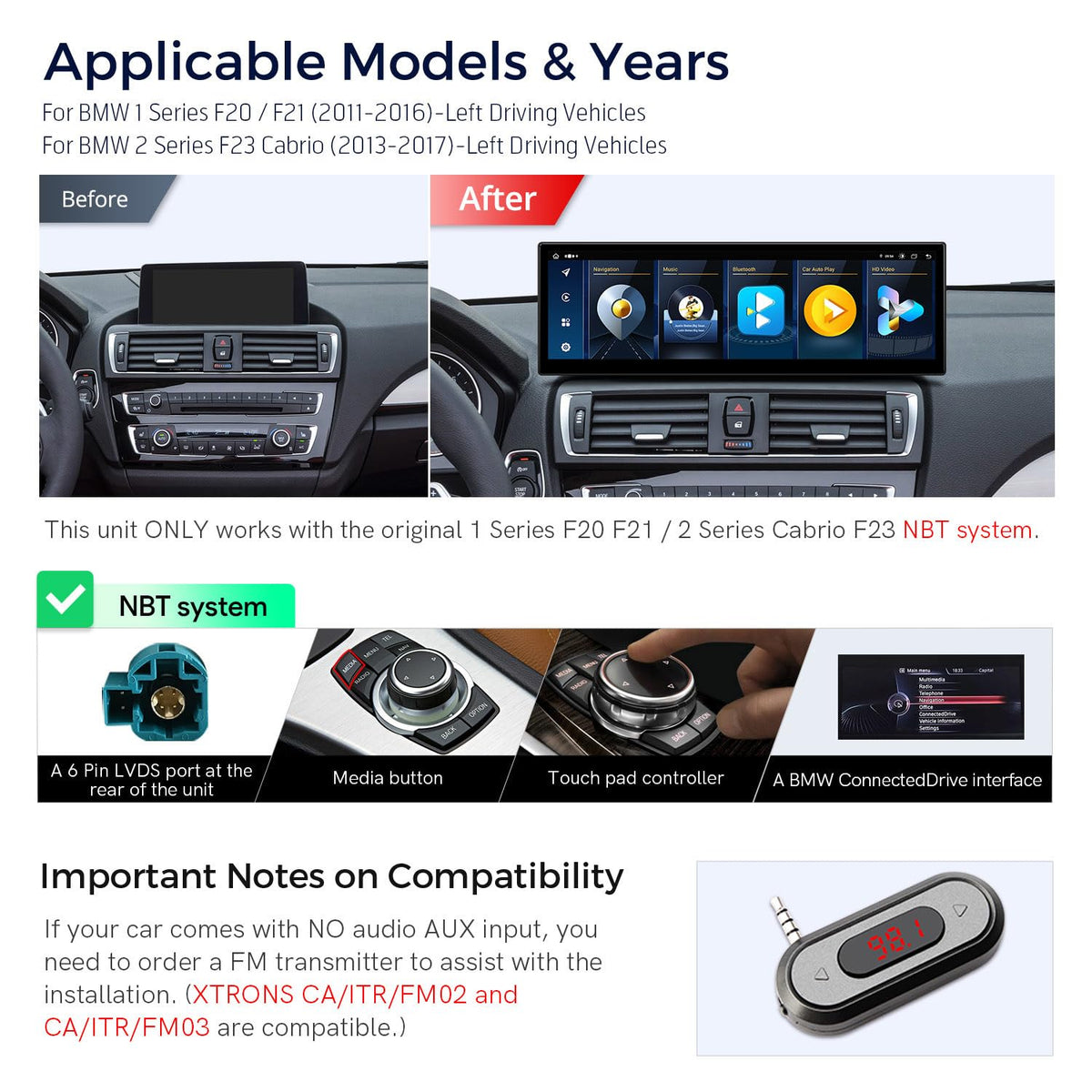 XTRONS 14.9 Inch Android 14 Car Stereo for BMW F20 F21 F22 F23 with NBT System, 2K IPS Touch Screen LTE GPS Navigation Support Wireless CarPlay Android Auto Global 4G LTE 8+256 GB