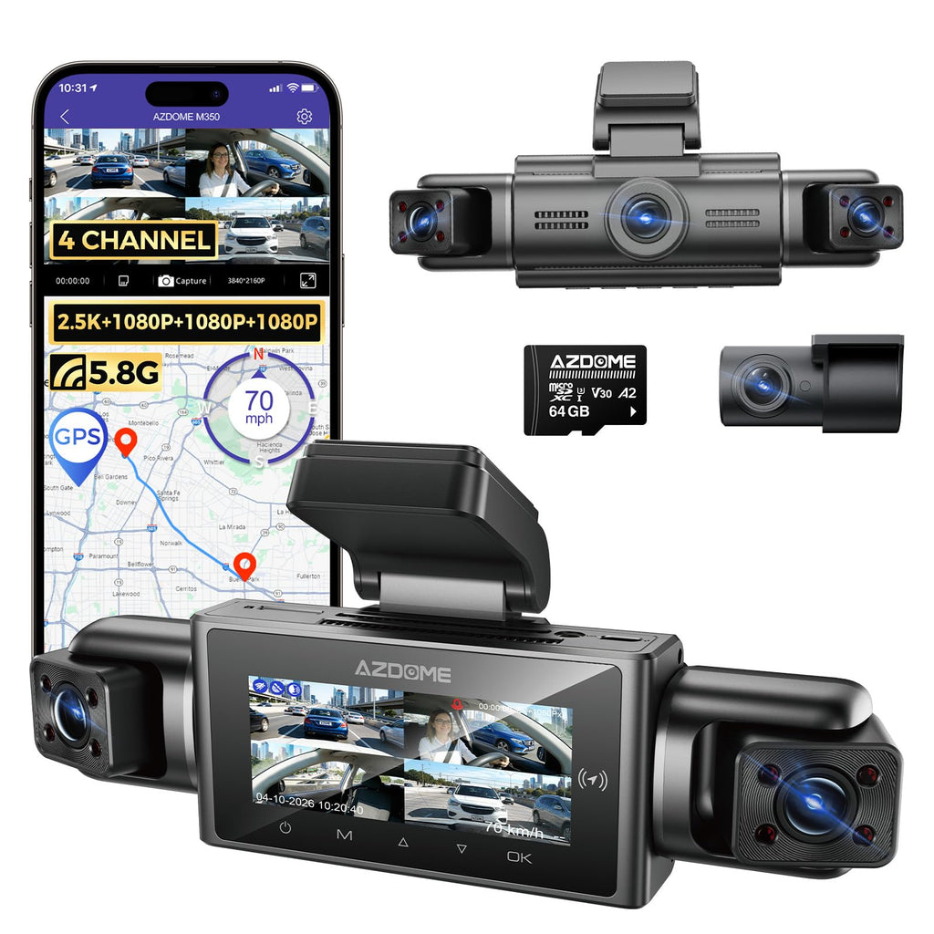 AZDOME M350 4 Channel 360 Dash Cam, 2.5K Front 1080P Rear Inside, GPS WiFi