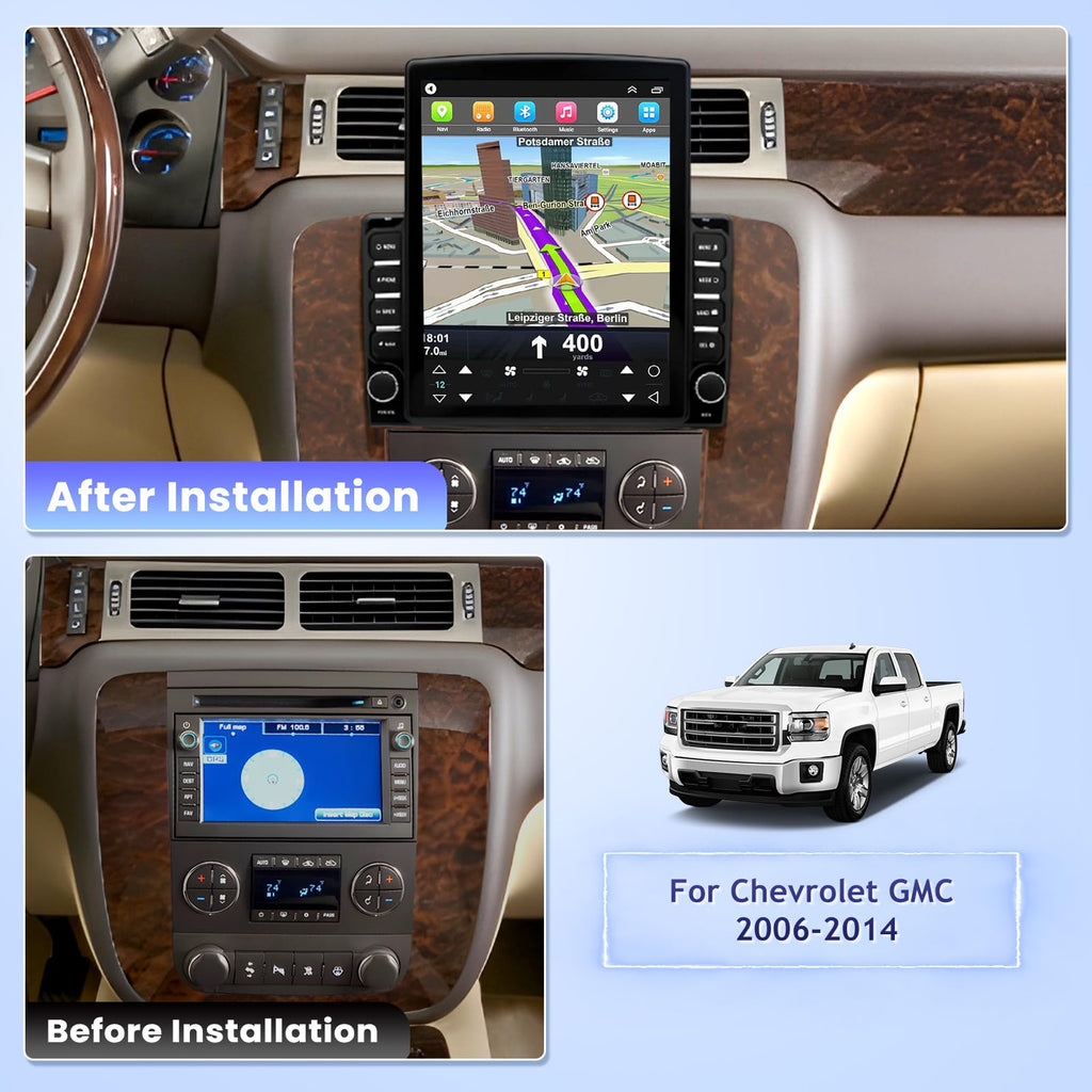 9.7‘’ Car Stereo Radio for Chevrolet Chevy Silverado Avalanche Suburban Tahoe 2007-2014, for GMC Sierra Yukon 2007-2013 with Wireless Carplay Android Auto, GPS, WiFi, BT, EQ, FM, SWC, MiC, Backup Cam