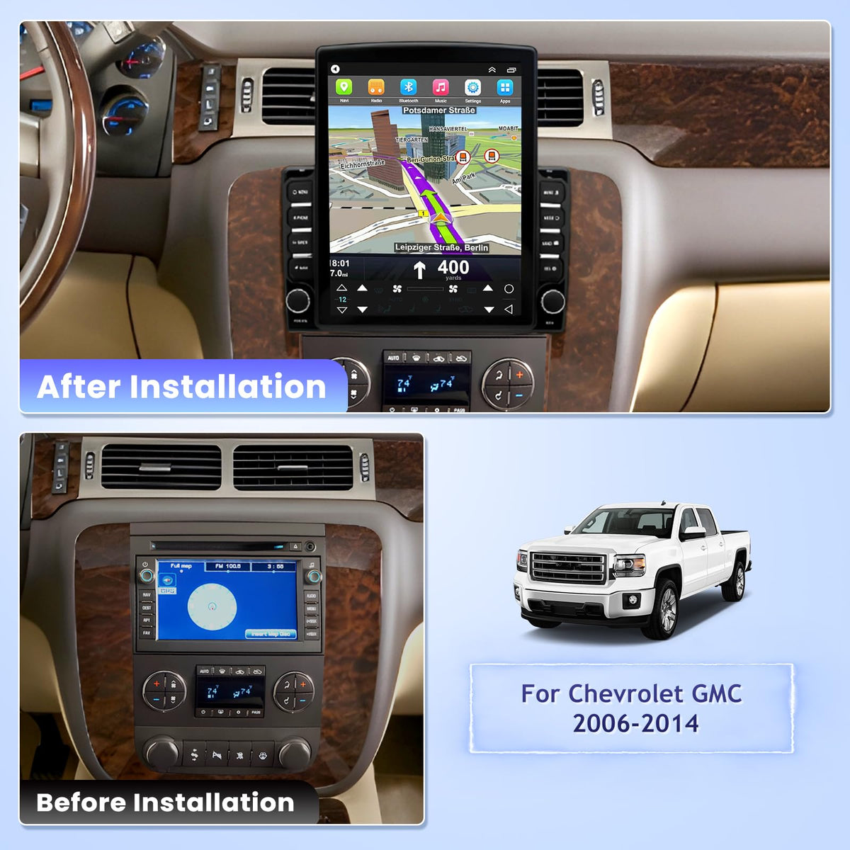 9.7‘’ Car Stereo Radio for Chevrolet Chevy Silverado Avalanche Suburban Tahoe 2007-2014, for GMC Sierra Yukon 2007-2013 with Wireless Carplay Android Auto, GPS, WiFi, BT, EQ, FM, SWC, MiC, Backup Cam