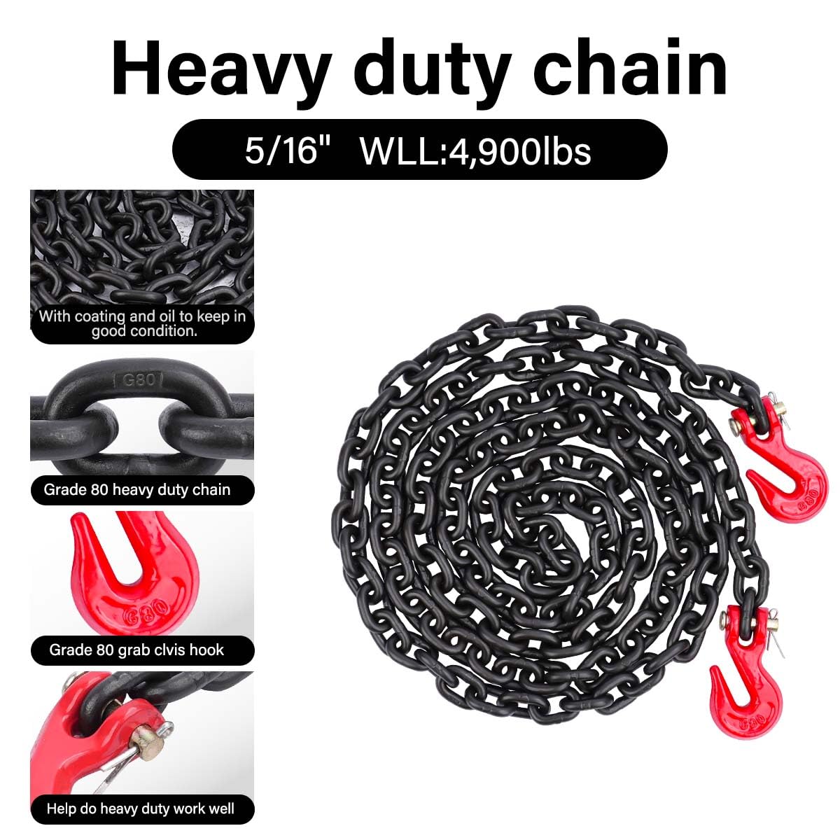 G80 5/16"(4PC*Chain and Binder Kit+10PC Hooks)
