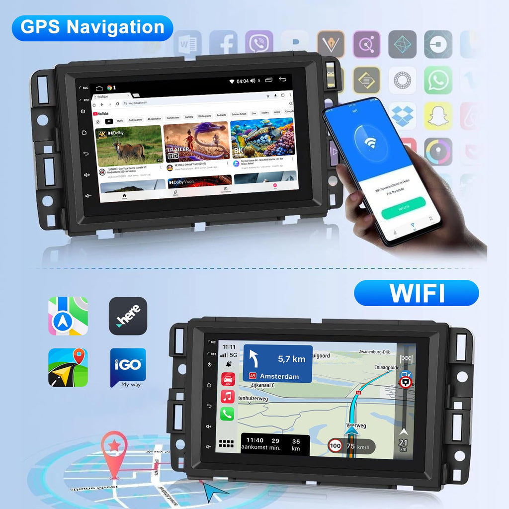 7'' Android 14 Car Stereo for 2006 2007 2008 2009 2010 2011 2012 2013 Chevy Impala, GPS Navigation Wireless CarPlay Android Auto Double Din Radio with Bluetooth WiFi DSP SWC Backup Camera
