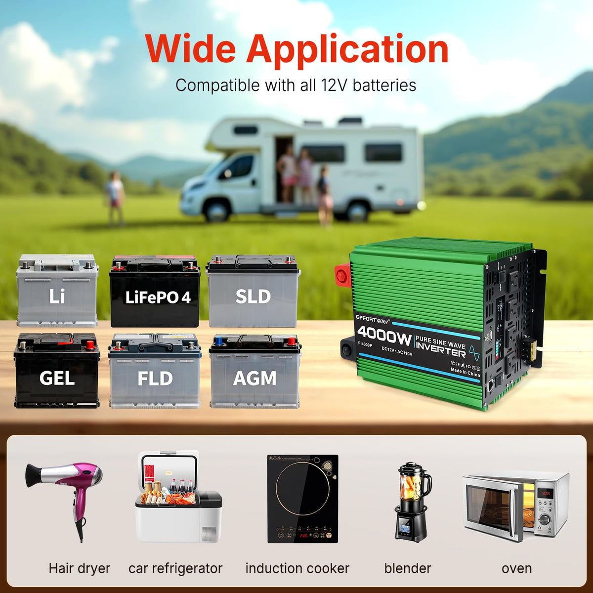 4000W Pure Sine Wave Power Inverter, 12V DC to 110V/120V Inverter with 4 AC Outlets, USB Port, Hardwire Port, Remote Controller, Car Converter for RV, Truck, Boat, Camping, Off-Grid