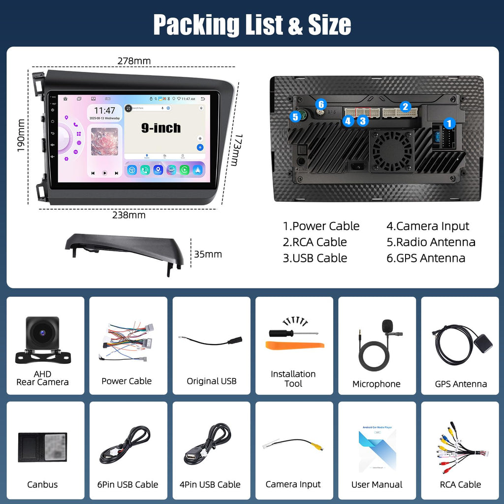 [6+128G] 8-Core Android 15 Car Radio Stereo for Honda Civic 2012-2015