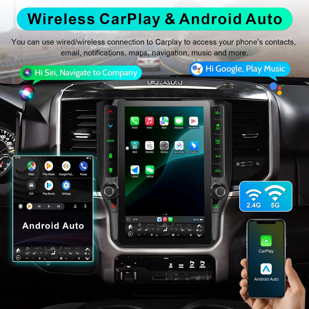 8 Cores 6+128G Radio Upgrade, 2019-2024 for Dodge Ram 1500 2500 3500 Truck Radio Upgrade,12.1 inch Vertical Touchscreen Support Wireless CarPlay Android Auto GPS Bluetooth FM SWC