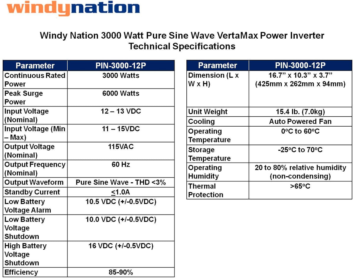 VertaMax Pure SINE Wave 3000 Watt (6000W Surge) 12V Power Inverter DC to 115 AC Car, Solar, Off-Grid, RV, Back Up Power