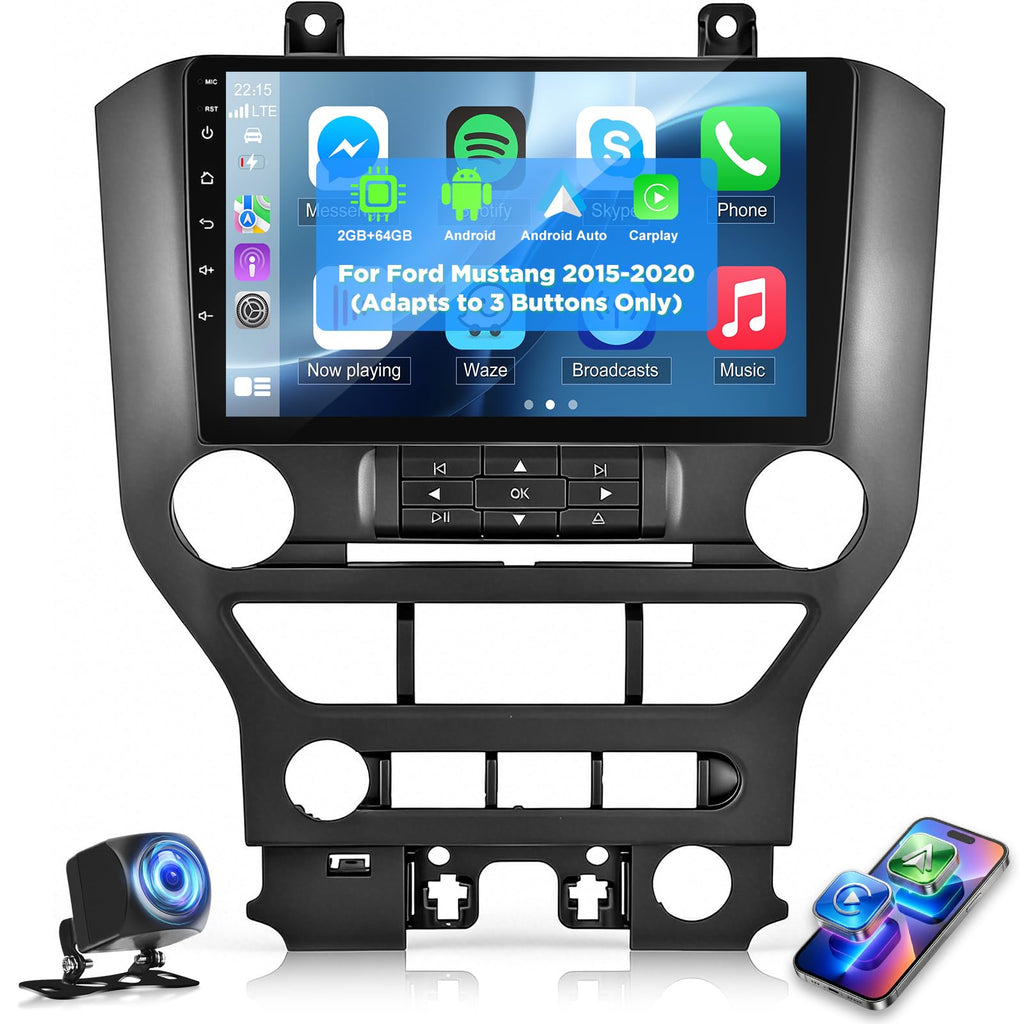 Car Radio for Ford Mustang 2015 2016 2017 2018 2019 2020, [2+64] 9 inch Android Touchscreen Stereo with Carplay/Android Auto, GPS Navigation, WiFi, Bluetooth 5.0, SWC, FM/RDS