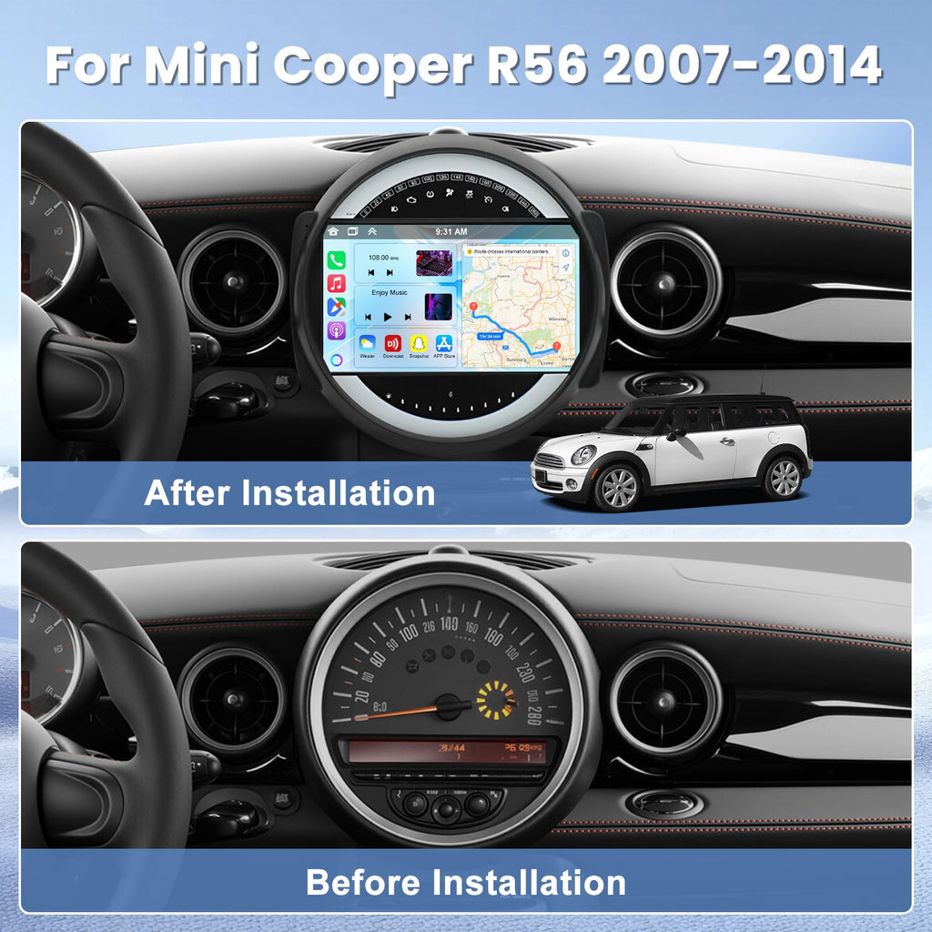 Car Stereo for Mini Cooper R56 2007-2014 with Wireless Apple Carplay Android Auto, 9'' Touch Screen for Cooper R56 Radio Upgrade, GPS, WiFi, Bluetooth, HiFi, SWC, FM, Split Screen, Mic, Backup Cam