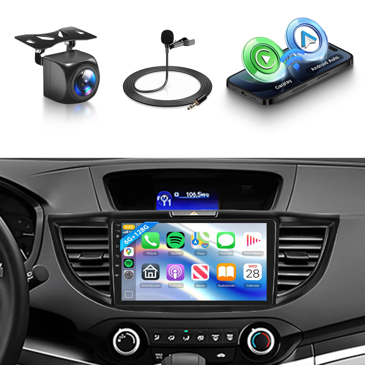 8 Core 6G+128G Android Car Radio for Honda CRV 2012-2016 with Wireless CarPlay Android Auto, 9” Touchscreen Car Stereo Mirror Link GPS WiFi Bluetooth FM RDS DSP EQ SWC Backup Camera