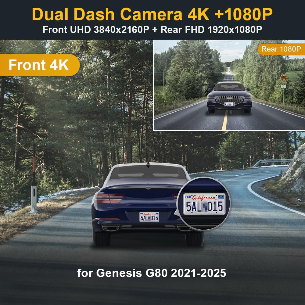 Fitcamx Front 2160P+Rear 1080P Dash Cam Adapts for Genesis G80 2021-2025 with Auto-Dimming (T1010), Integrated OEM Look, Dual HD Video, WiFi & APP, Loop Recording, G-Sensor, Easy to Use, 128GB Card