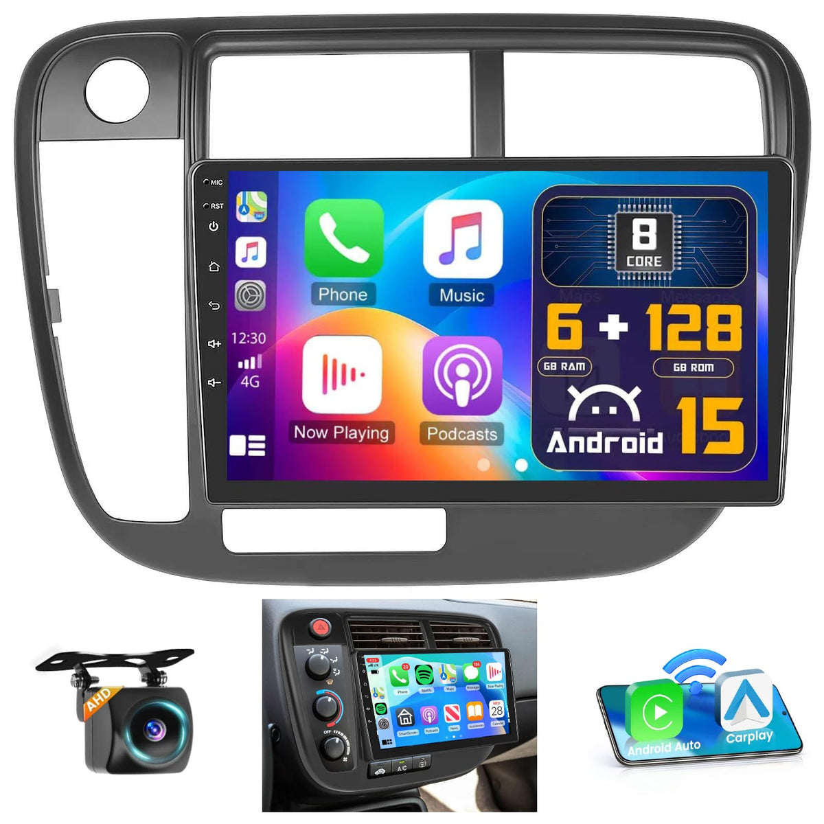 6+128G 8Core Android 15 Car Stereo for Honda Civic 1996-2001 Wireless Carplay Android Auto, 9 Inch 1280 * 720 Touch Screen Car Radio GPS Navi DSP BT 5.0 WiFi SWC + Backup Camera