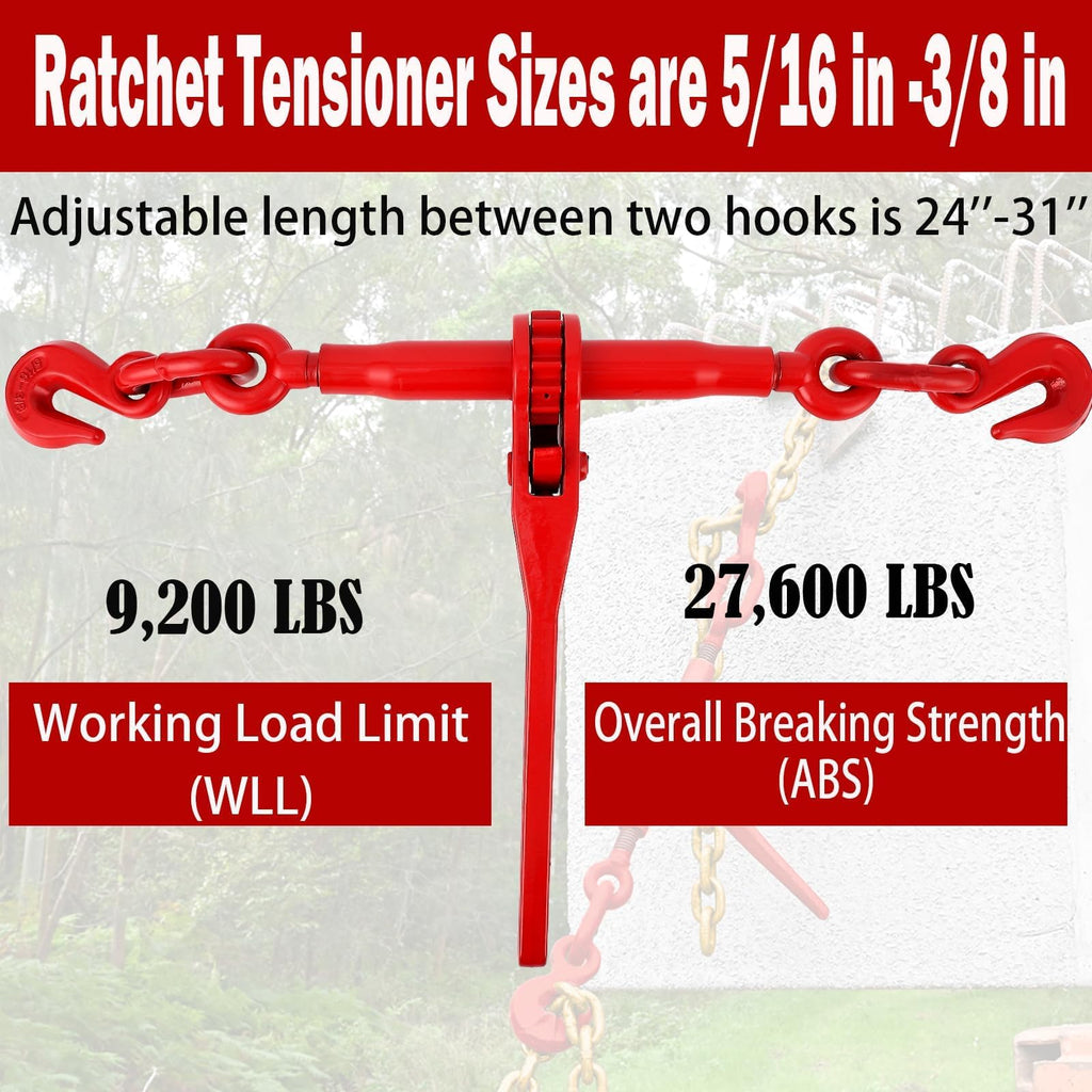 4 Pack 10ft 5/16" Chain and Binder Kit, 5/16"-3/8" Ratchet Binders