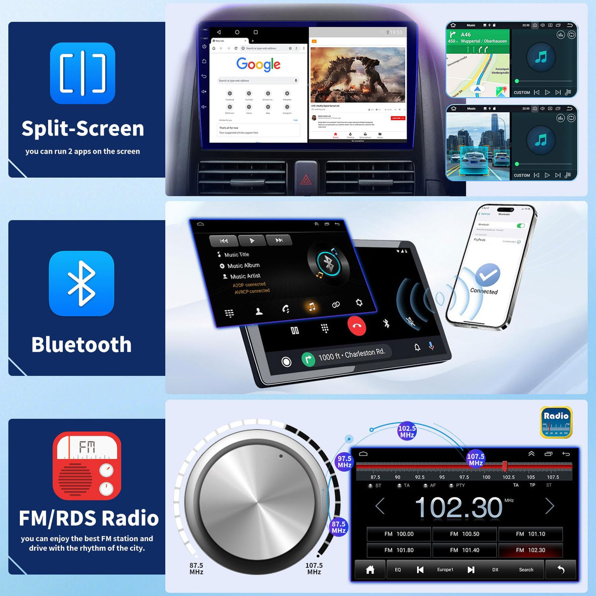 2+64G Android 14 Double Din Car Stereo Radio for Ford Focus 2012-2018, 9.7" Touch Screen Car Radio for Focus w/Wireless Carplay Android Auto GPS Bluetooth WiFi RDS DSP SWC Mic Backup Camera