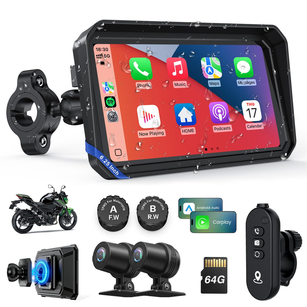 Motorcycle CarPlay Screen with Android Auto – 7” Waterproof GPS, Pantalla para Moto, Apple CarPlay, Navigation System for Motorcycle, Dual 4K Dash Cam Bluetooth Audio, BSD & TPMS