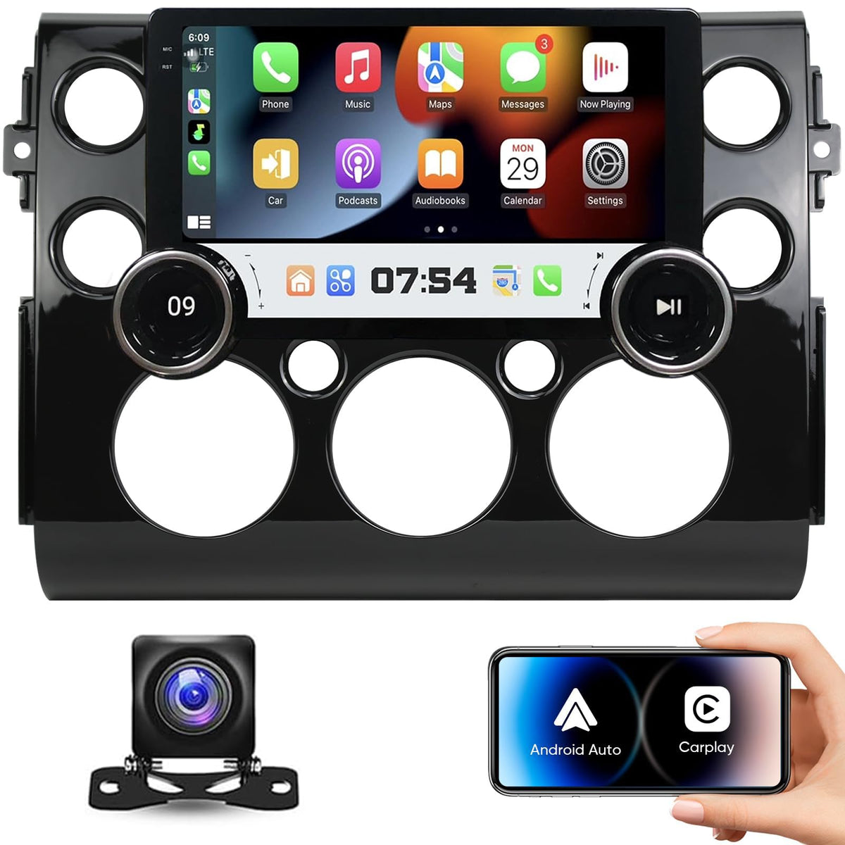 10.1-inch Double Knob Android Car Stereo Radio for Toyota FJ Cruiser 2007-2018, Touchscreen Head Unit with Wireless CarPlay, Android Auto, GPS, Bluetooth, WiFi, FM, EQ Audio, Backup Camera, SWC 2+64G