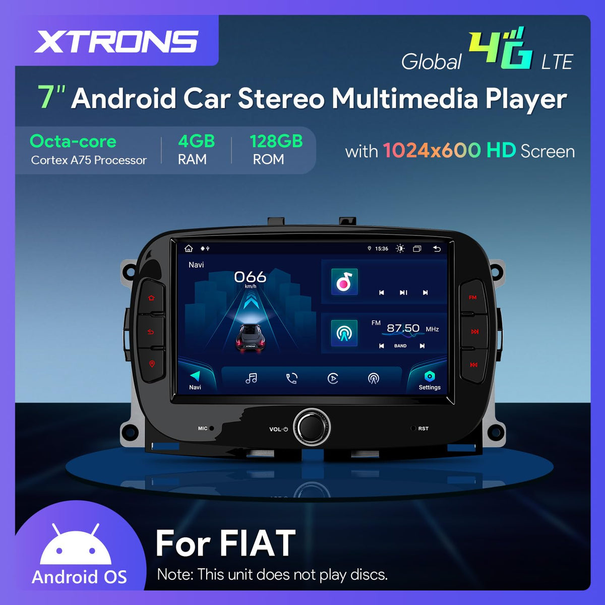 XTRONS 7" Android 14 IPS Touch Screen Car Stereo for Fiat 500 2016-2019