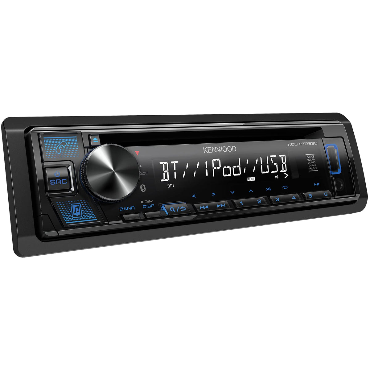 KENWOOD KDC-BT282U CD Car Stereo - Single Din, Bluetooth Audio, USB MP3, FLAC, Aux in, AM FM Radio, Detachable face with White 13-Digit LCD Display and Blue Button Illumination