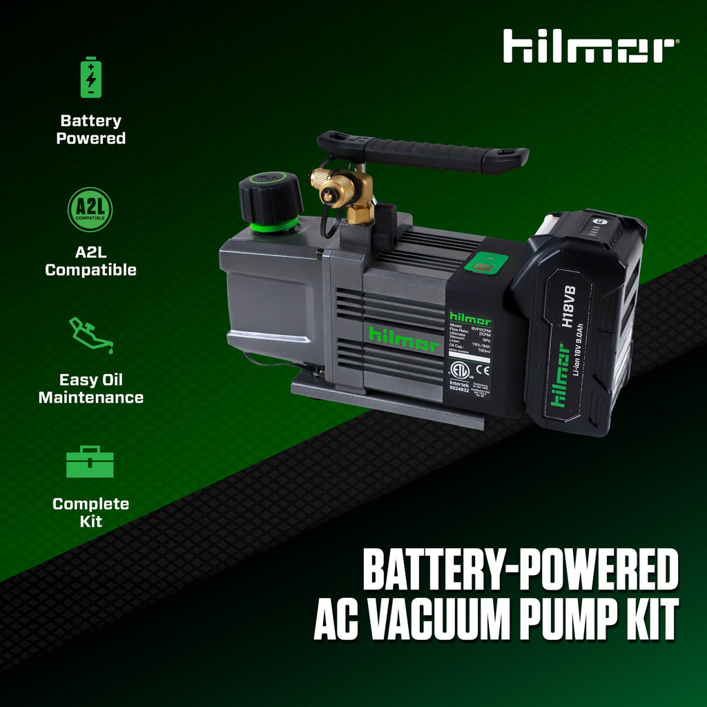 hilmor BVP2CFM 2CFM Battery Powered Vacuum Pump for HVAC Tools and Equipment, 9Ah 18 Volts, 1/2 Horsepower, 11 oz. Oil Capacity A2L Compliant