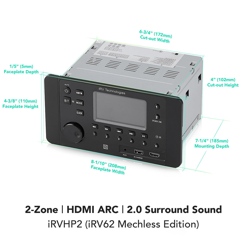 iRVHP2 Mechless Wallmount RV Stereo 2 Zones with Bluetooth HDMI ARC, App Control, AM/FM/App, NFC, USB Charging, Digital Surround Sound, Clock, CEC Support (2 Zones + 4 Speakers)
