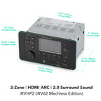 iRVHP2 Mechless Wallmount RV Stereo 2 Zones with Bluetooth HDMI ARC, App Control, AM/FM/App, NFC, USB Charging, Digital Surround Sound, Clock, CEC Support (2 Zones + 4 Speakers)