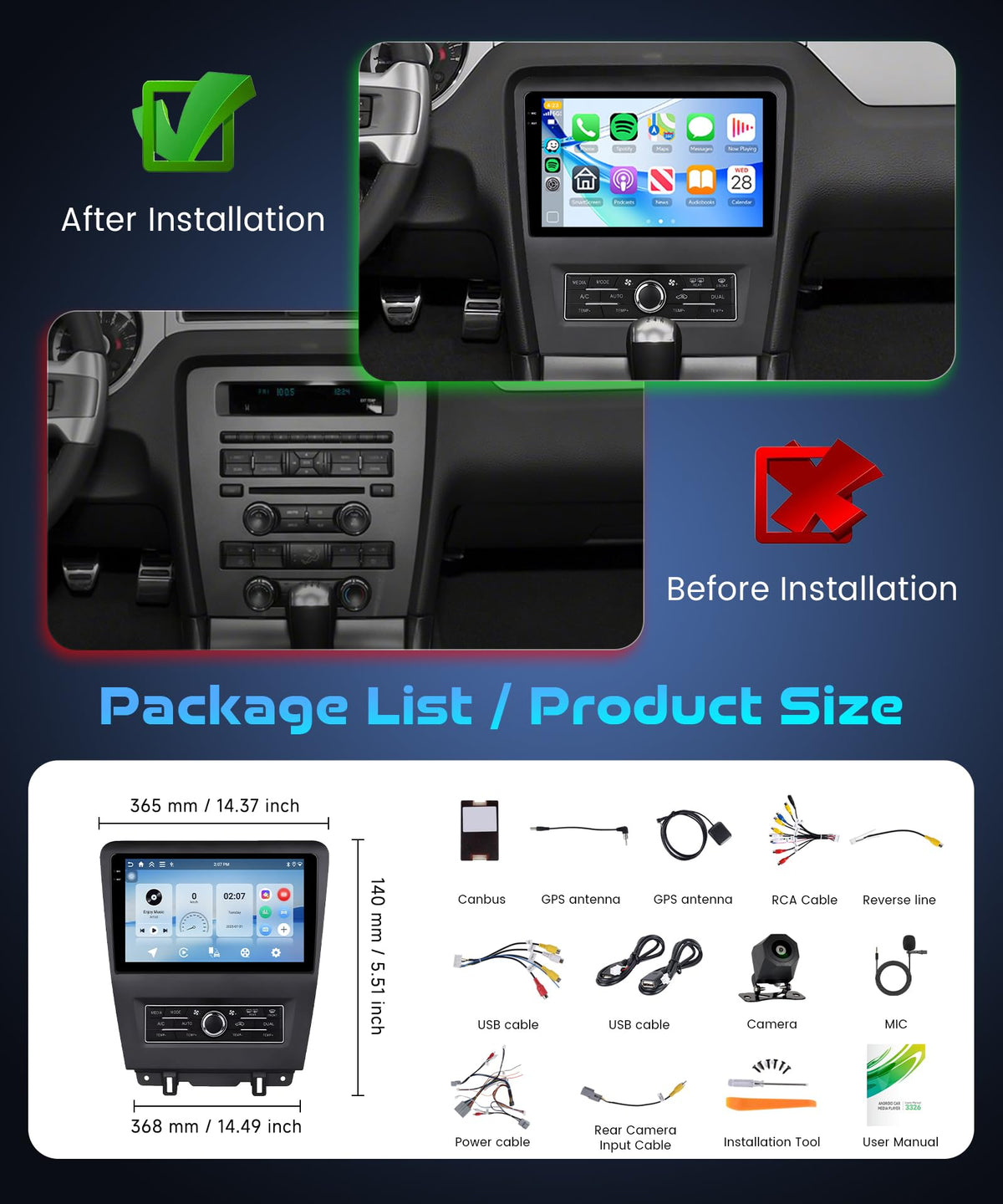 4G+64G Android 15 Car Stereo for Ford Mustang 2010-2014, Wireless Carplay