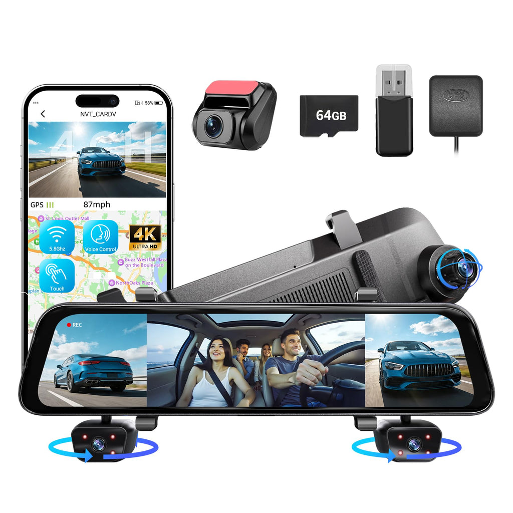 12" 4K+1080Px3,4 Channel Mirror Dash Cam Front and Rear with STARVIS Sensor, Rear View Mirror Camera,Back up Camera for Cars,8 IR Night Vision,WiFi,GPS,Voice Control,Free 128G SD