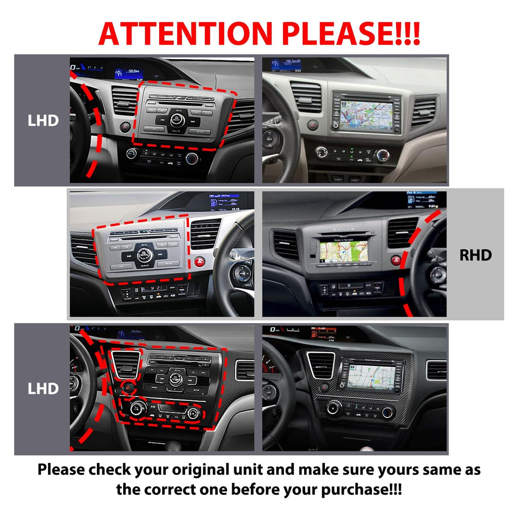 for Honda Civic 2012-2015 LHD Car CarPlay Android Auto Navigation Stereo GPS Radio Reverse Camera Display 9" IPS Touchscreen Headunit Tablet Pad Media Player, if Applicable Quad Core 4G+64G