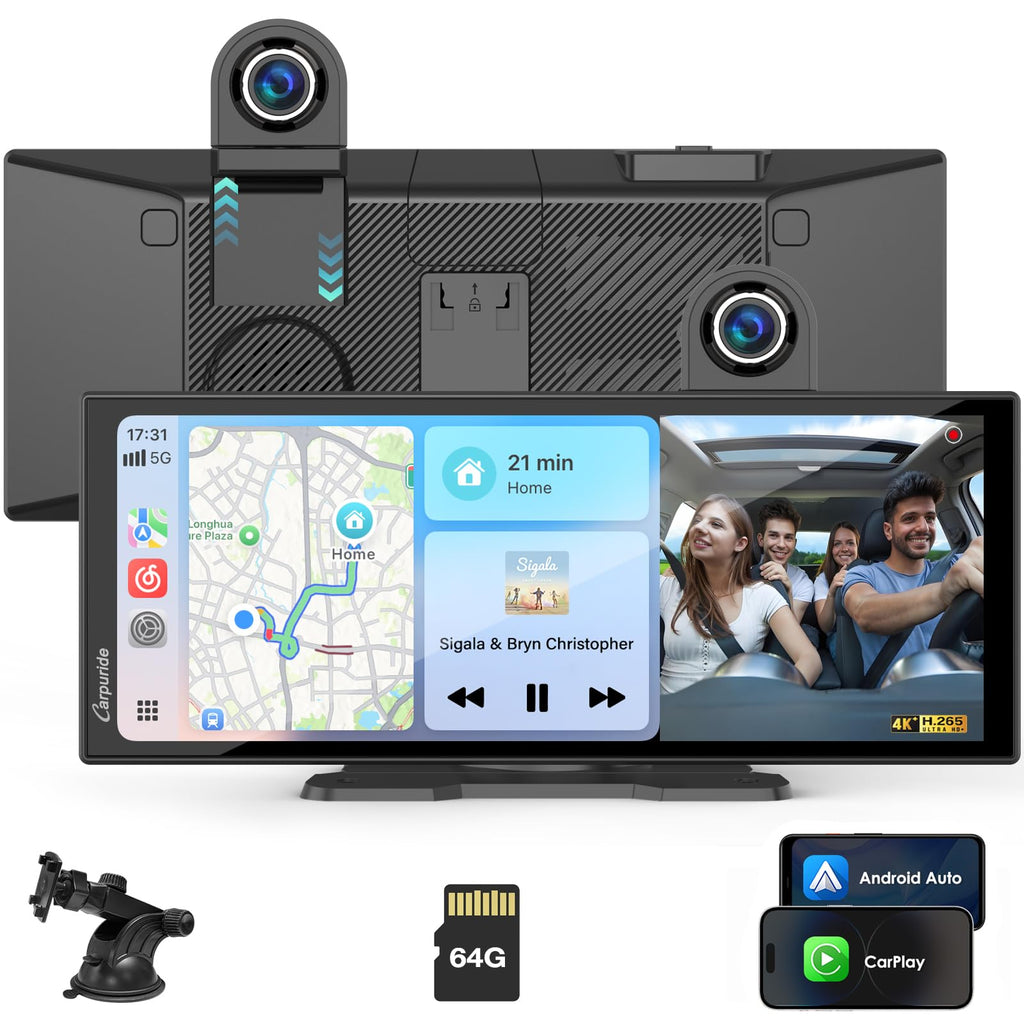 Carpuride Carplay Screen for Car with 4K Dash Cam & 1080P Backup Camera
