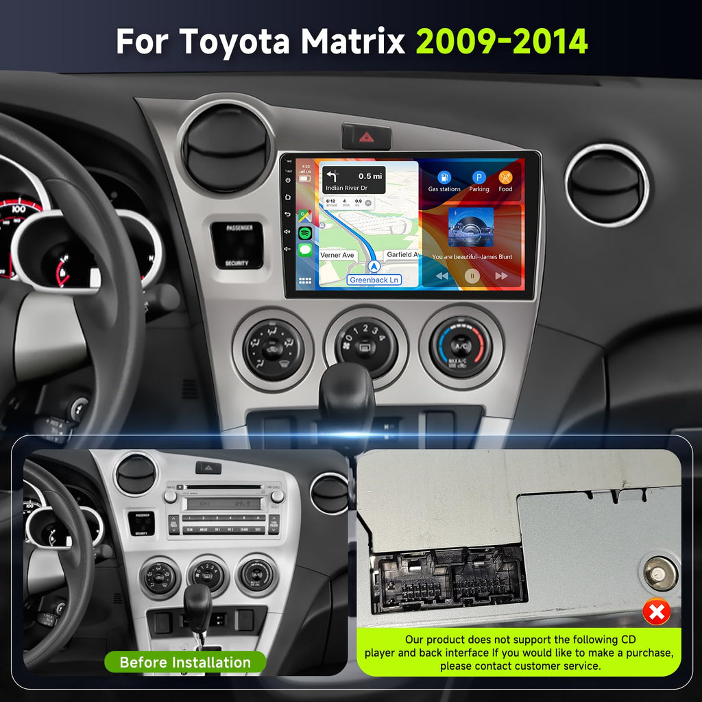 8Core 6GB+128GB Android 15 Radio for Toyota Matrix 2009-2014 Car Stereo with 9 Inch 1280x720 IPS Touchscreen,Wireless Carplay/Android Auto GPS DSP 46EQ 5.0Bluetooth WiFi FM/RDS SWC Camera