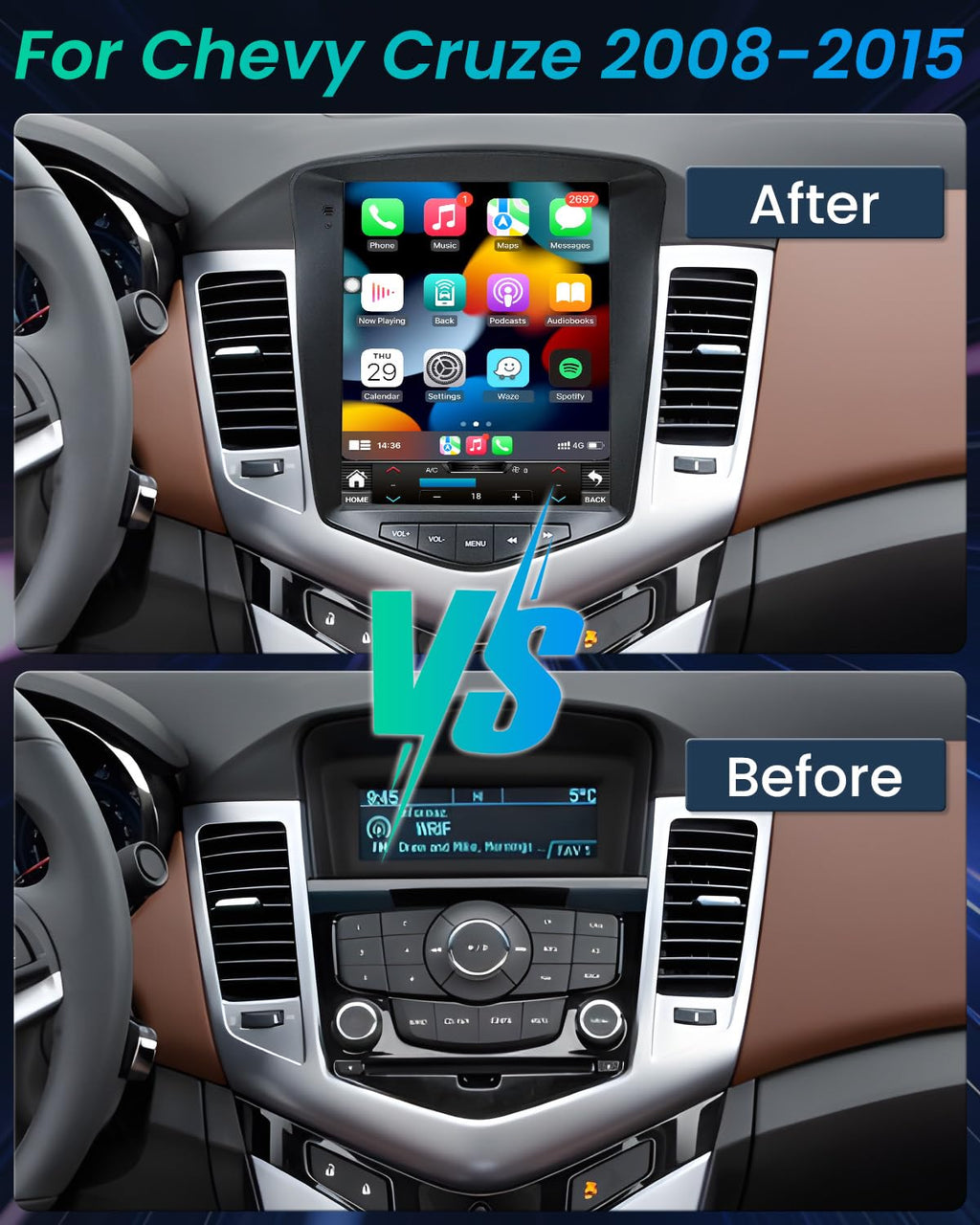 8Core+4GB RAM Andriod 13 Car Radio Stereo for Chevrolet Chevy Cruze 2009-2015: 10.4 Inch Tesla Style HD IPS Touchscreen Wireless Carplay Andriod Auto GPS Navi Bluetooth 5G WiFi Backup Camera FM SWC