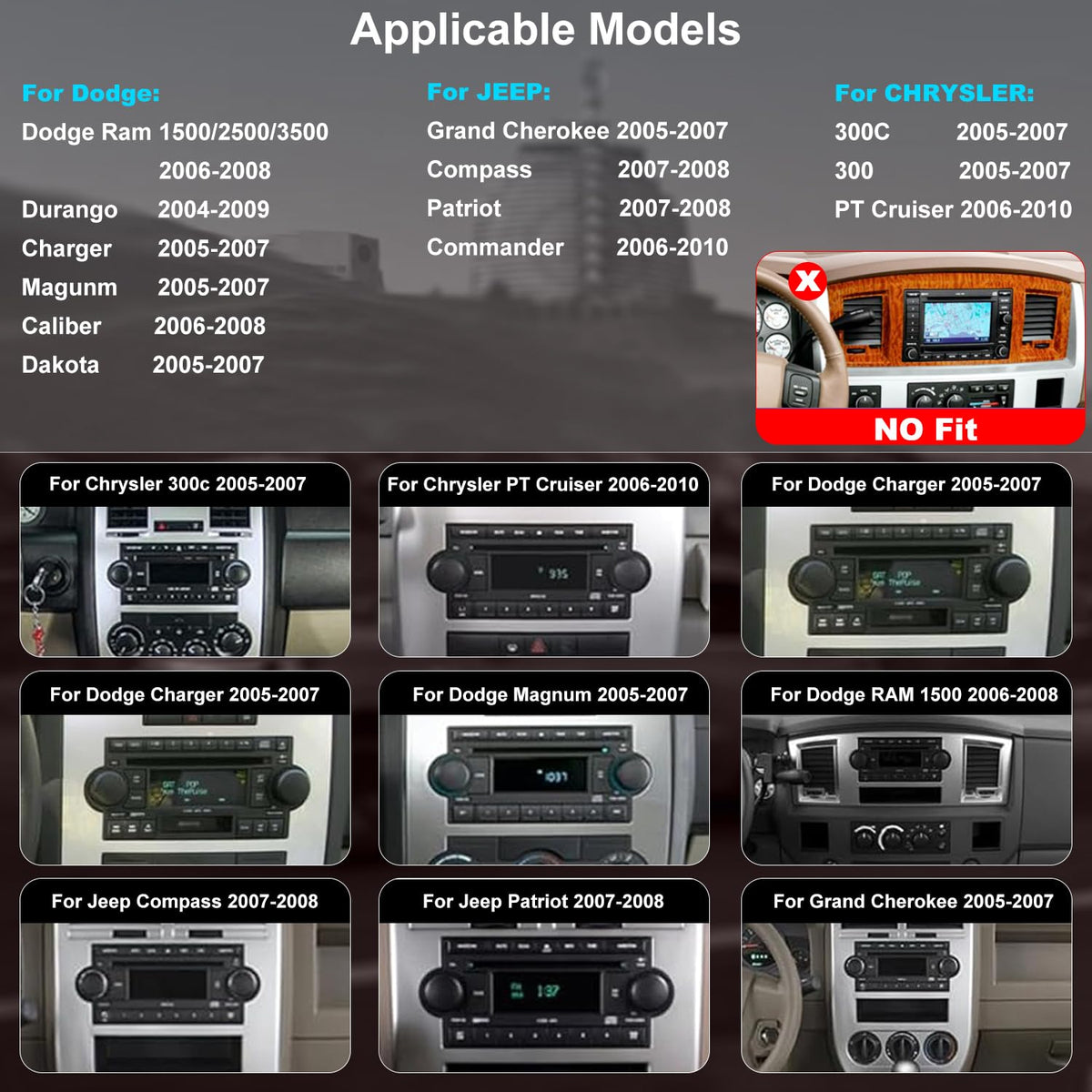 Upgrade Car Radio for Dodge Ram 1500/2500/3500 2006 2007 2008, Durango 2004-2009, Jeep Grand Cherokee 2005 2006 2007, Chrysler 300/300C 2005 2006 2007, 6.86'' Stereo Carplay Android Auto GPS FM Camera