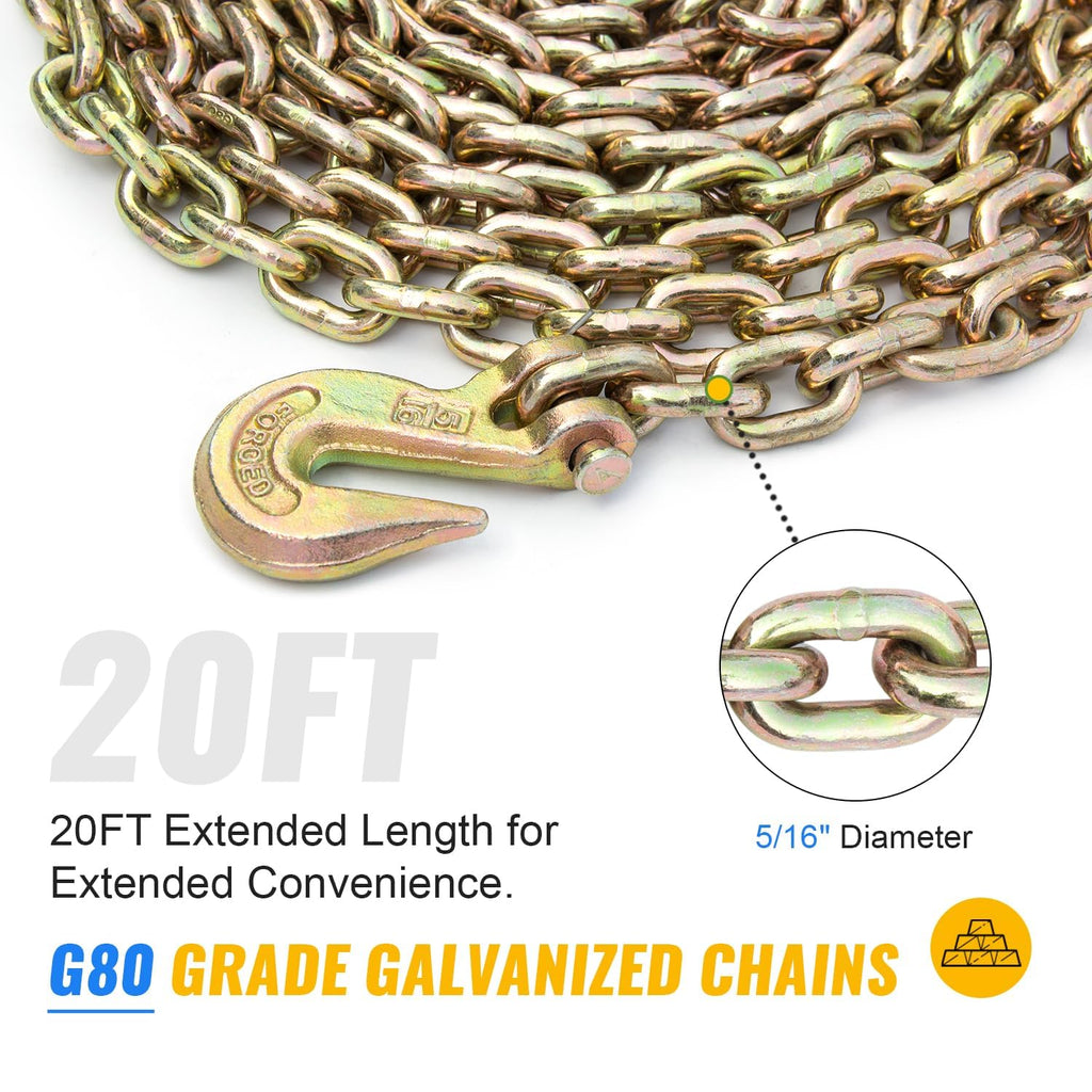 Chain and Binder Kit, G80 Ratchet Load Binders with 5/16" x 20 ft Chains, 5400 Lbs Working Load Limit, Heavy Duty Tie Down Hauling Set of 4 for Flatbed Truck & Trailer Use